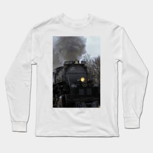 Big Boy closeup with tree's,sky, and steam in Black Wolf  Kansas USA. Long Sleeve T-Shirt